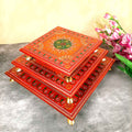 Wooden Pooja Bajot - Decorative Choki For Pooja & Festivals - 8,10 & 12 Inch- Set of 3 - Apkamart#color_Red
