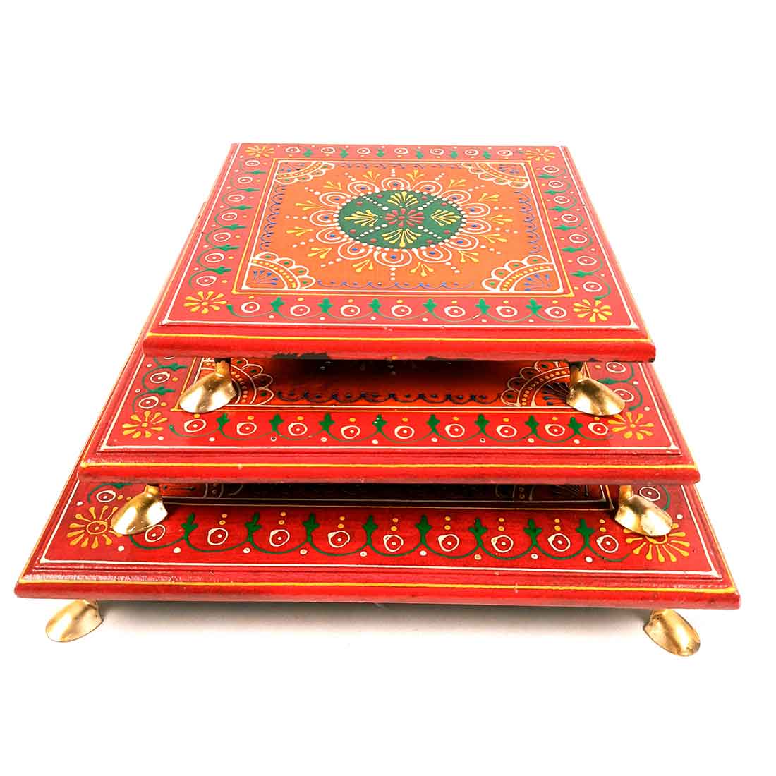 Wooden Pooja Bajot - Decorative Choki For Pooja & Festivals - 8,10 & 12 Inch- Set of 3 - Apkamart#color_Red