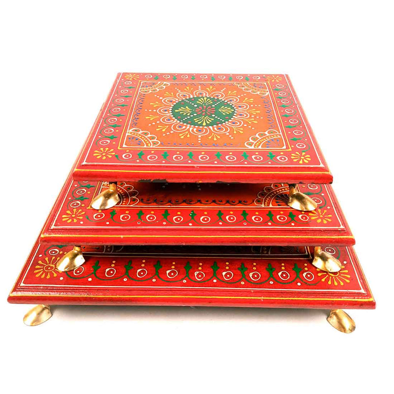 Wooden Pooja Bajot - Decorative Choki For Pooja & Festivals - 8,10 & 12 Inch- Set of 3 - Apkamart