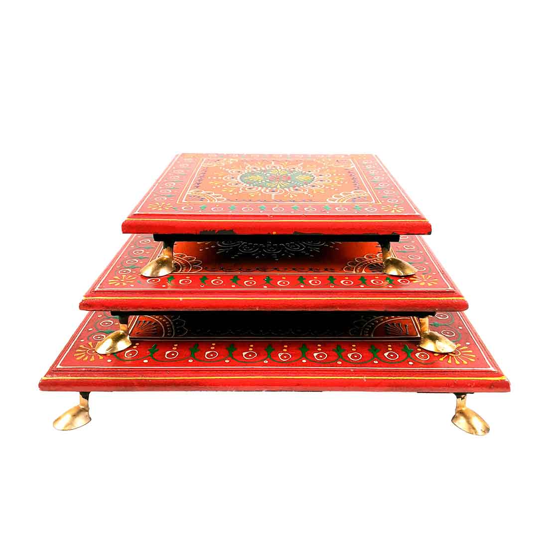 Wooden Pooja Bajot - Decorative Choki For Pooja & Festivals - 8,10 & 12 Inch- Set of 3 - Apkamart#color_Red