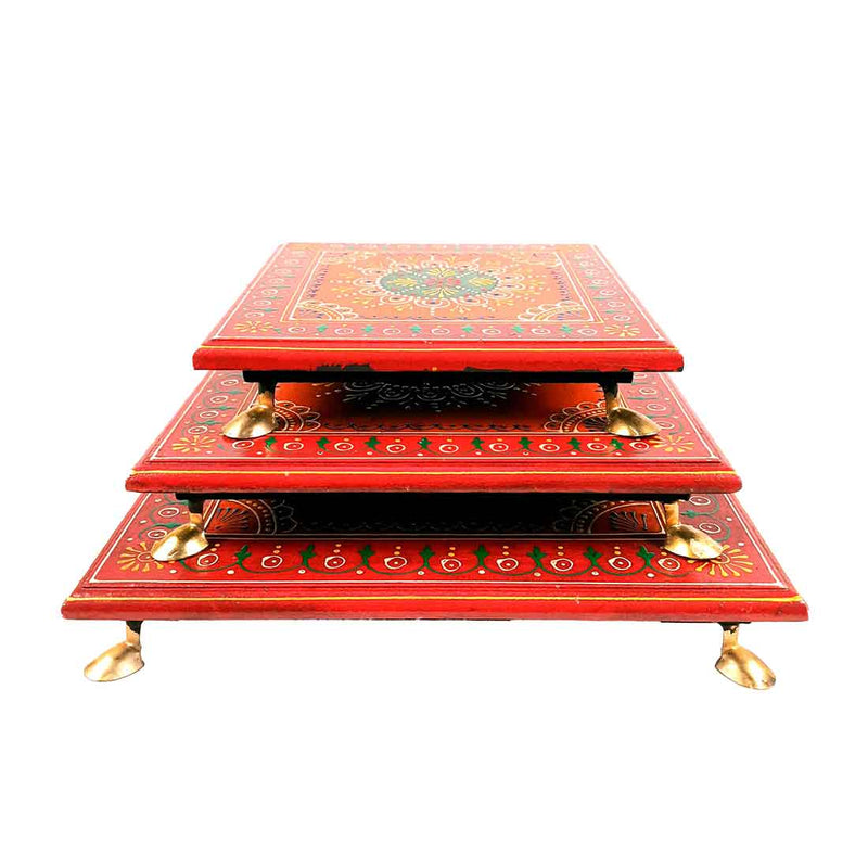 Wooden Pooja Bajot - Decorative Choki For Pooja & Festivals - 8,10 & 12 Inch- Set of 3 - Apkamart