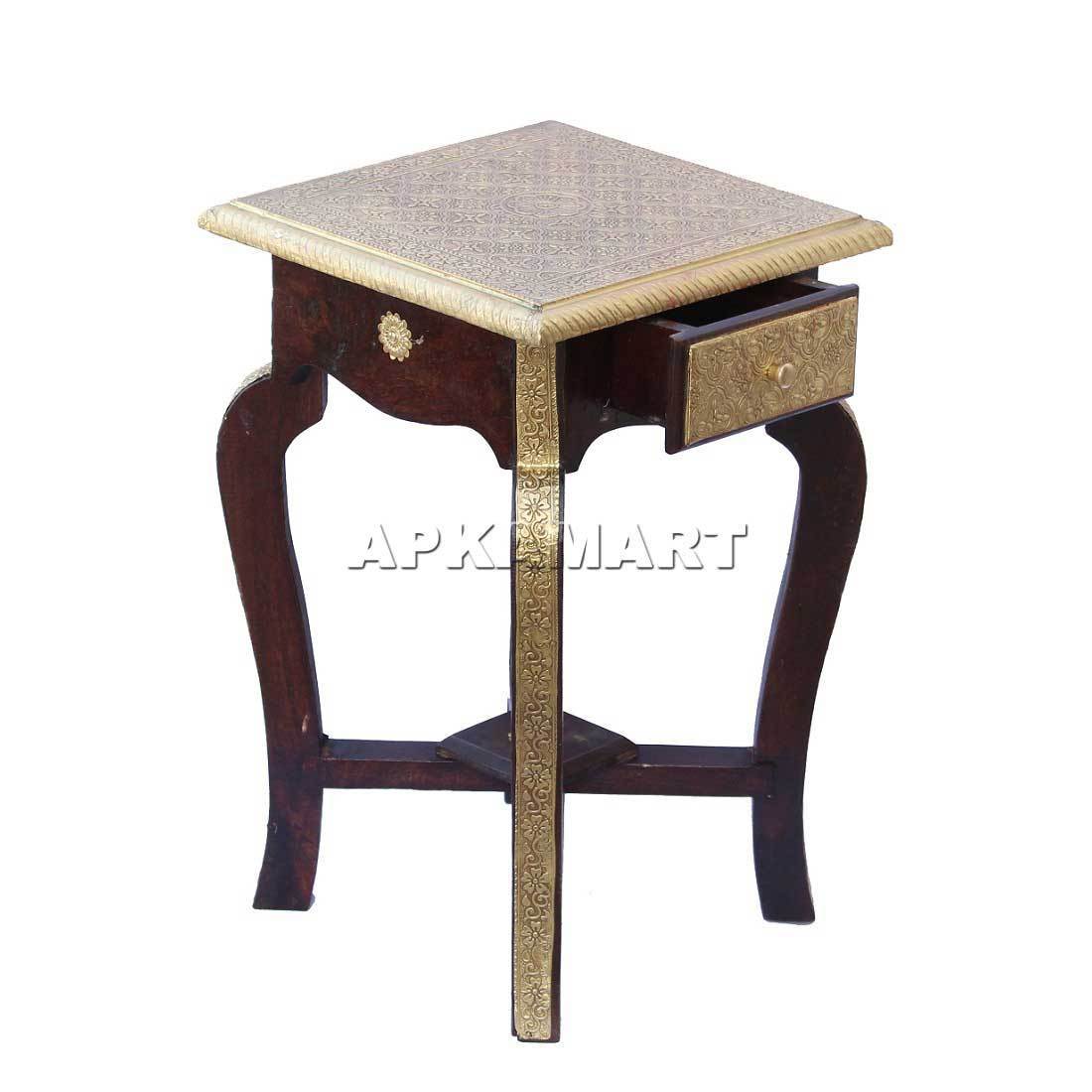 Lamp Table - Brass Embellished  | Bedside Table with Drawer -18 Inch - ApkaMart
