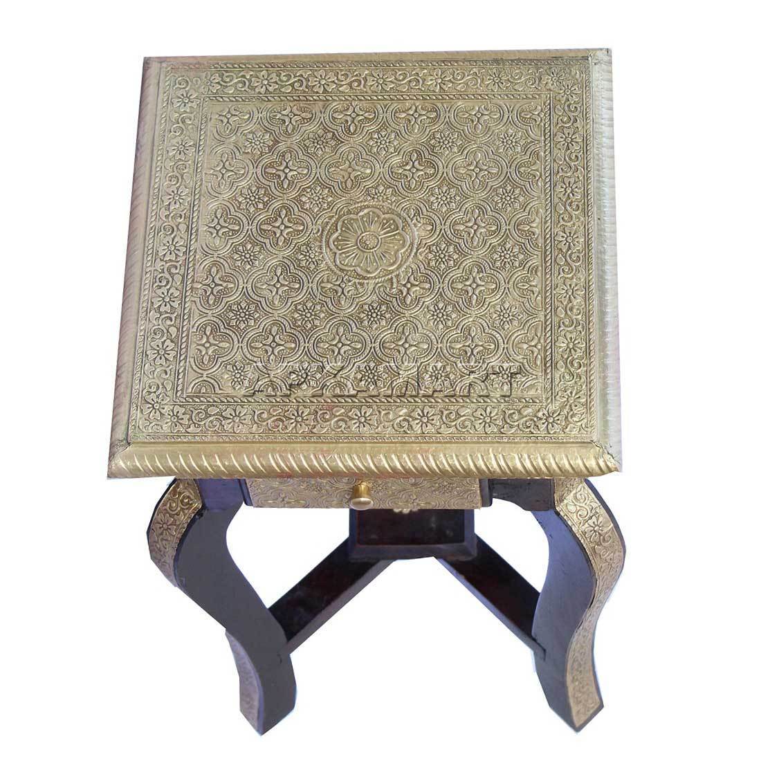 Lamp Table - Brass Embellished  | Bedside Table with Drawer -18 Inch - ApkaMart