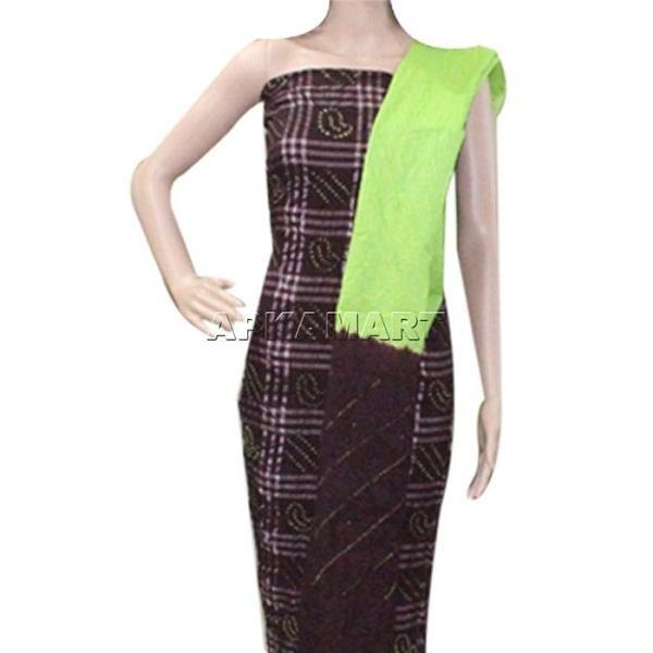 Brown and Green Tie and Dye Dress Material - ApkaMart