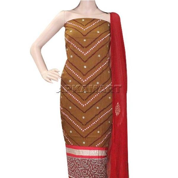 Brown and Red with Nylon Dupatta Tie and Dye Dress Material - ApkaMart