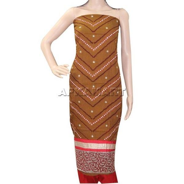 Brown and Red with Nylon Dupatta Tie and Dye Dress Material - ApkaMart