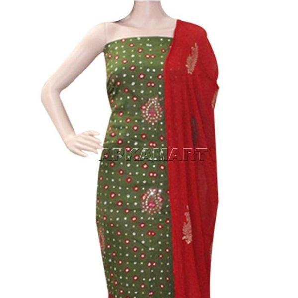 Dark Green and Red Tie and Dye Dress Material - ApkaMart