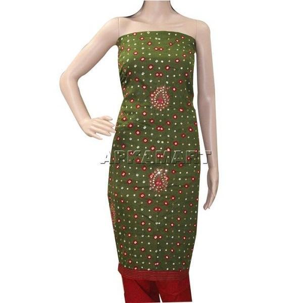 Dark Green and Red Tie and Dye Dress Material - ApkaMart