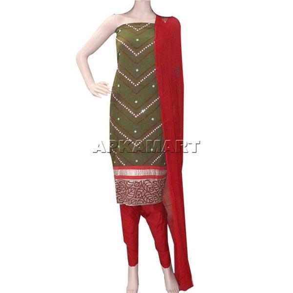 Dark Green and Red with Nylon Dupatta Tie and Dye Dress Material - ApkaMart