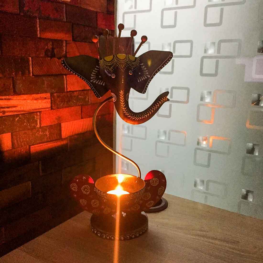 Metal Candle T Light Holder - Ganesh Diya Design  10 Inch - ApkaMart