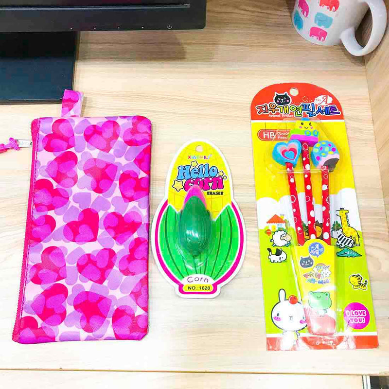 Pencil Box Pouch - Writing kit Pouch with Corn Design Eraser - For Girls & Boys - ApkaMart