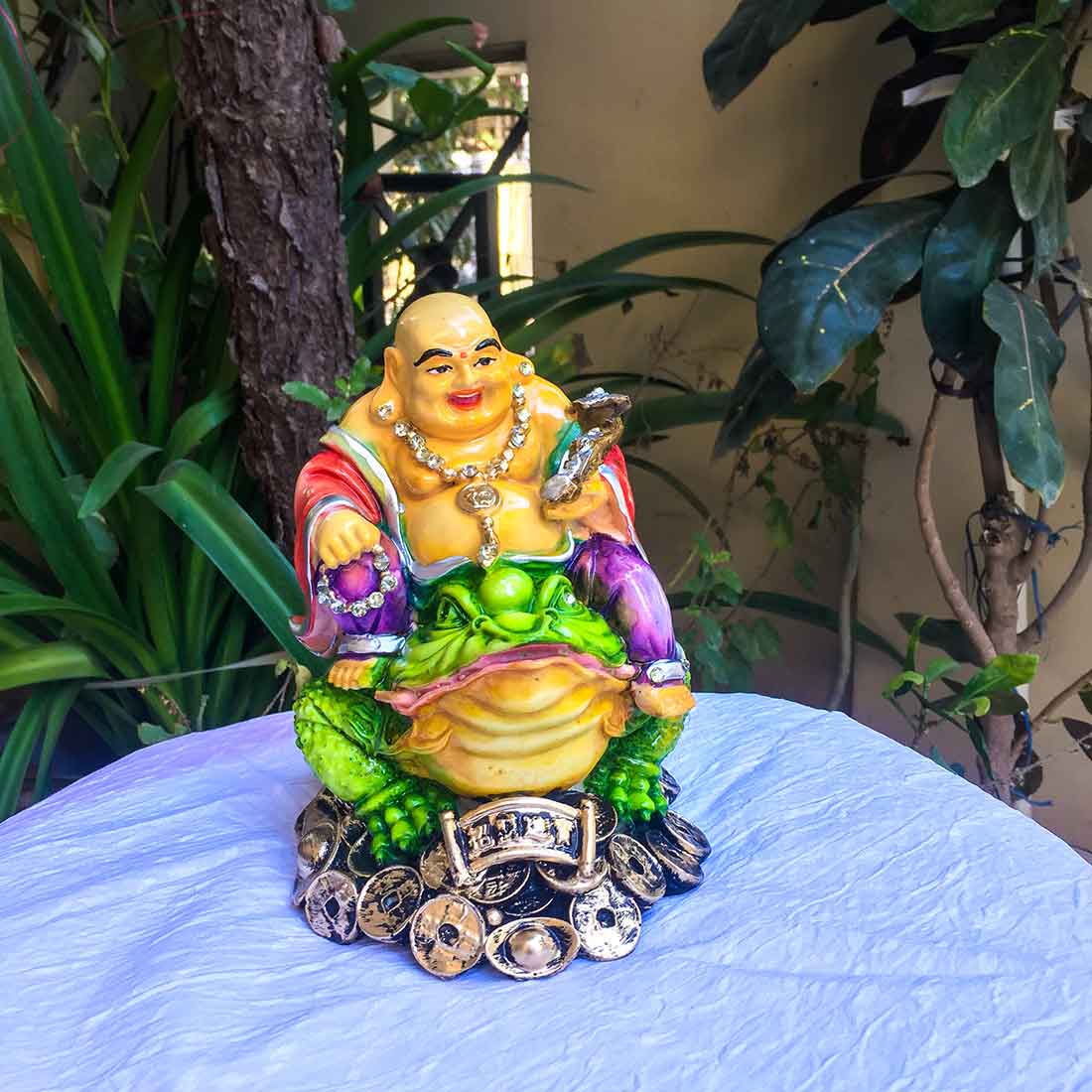 Laughing Buddha Showpiece | Laughing Buddha Statue - Sitting On Feng Shui Frog Design - for Good Luck, Money, Prosperity & Wealth - Apkamart #Size_8 Inch