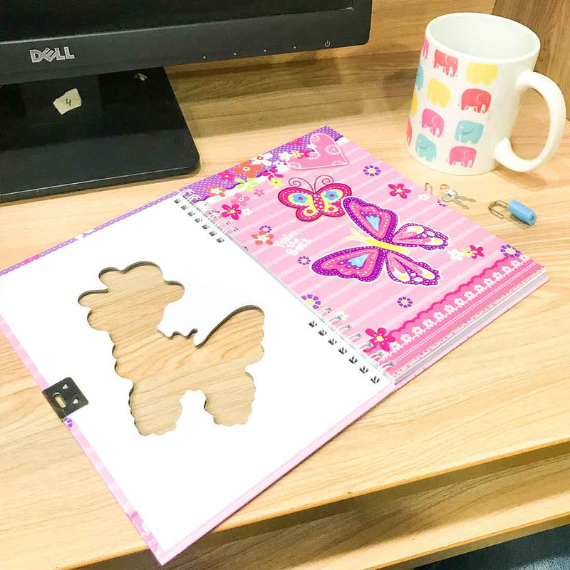 Notebook Diary With Lock - Pink Butterfly Design - for Kids, Children, School Student, Return Gifts - ApkaMart