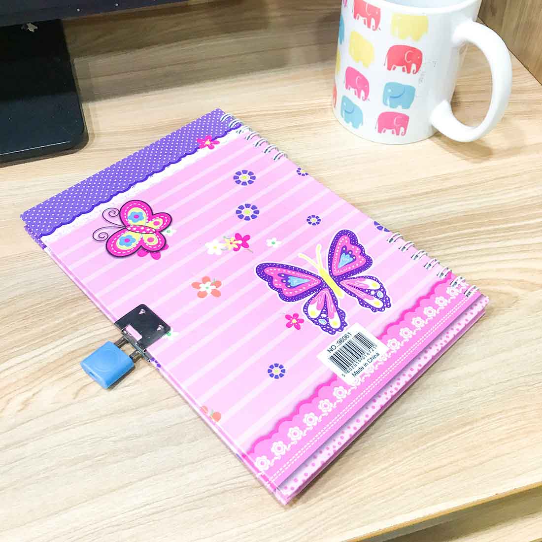 Notebook Diary With Lock - Pink Butterfly Design - for Kids, Children, School Student, Return Gifts - ApkaMart