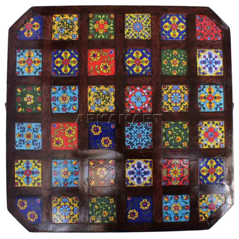 Wooden Chowki with Ceramic Tiles - For Home & Living Room Decor -18 Inch - ApkaMart