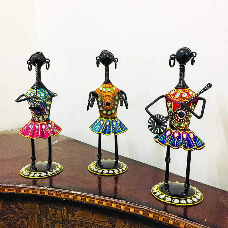 Tribal Musician Showpiece - Metal Figurines - For Table Decor & Living Room - 8 Inch- Set of 3 - ApkaMart
