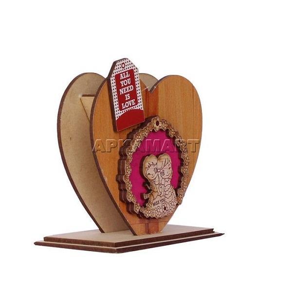 Wooden Pen Holder - Heart Design -  for Girls & Boys, Study Table ,Office Desk & Gifts 4 Inch - ApkaMart