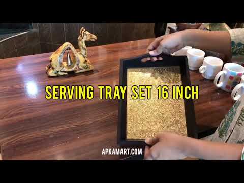 Serving Tray Brass | Wooden Tea & Snacks Serving Platter Wooden | Big Tray With Handles - for Home, Dining Table, Kitchen Decor, Restaurants, Office, Cafe & Gifts - 16 Inch - apkamart