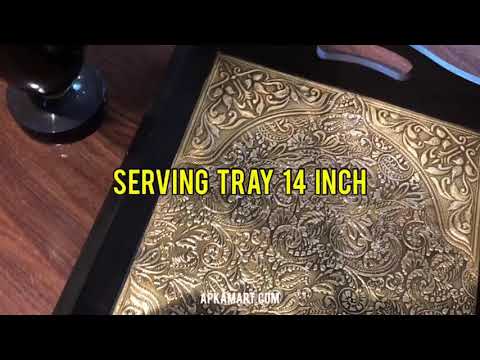 Brass Tray | Wooden Tea & Snacks Serving Platter Wooden | Tray With Handles - for Home, Dining Table, Kitchen Decor, Restaurants, Office, Cafe & Gifts - 14 Inch - Apkamart